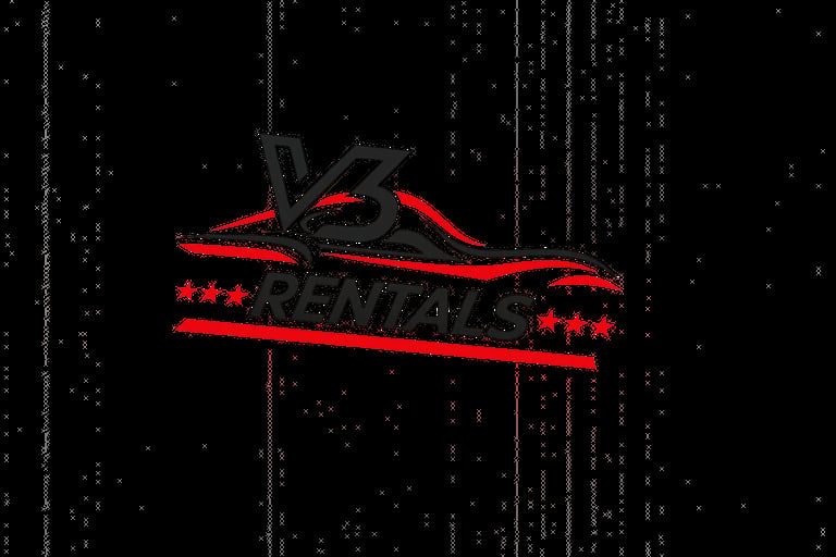 V3 Rentals logo featuring a red sports car silhouette with black accents on a digital background with binary code